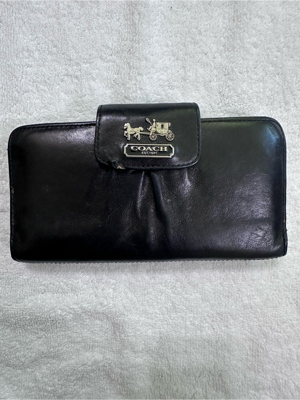 Coach Black Leather Continental Wallet with Silver Horse & Carriage Plaque